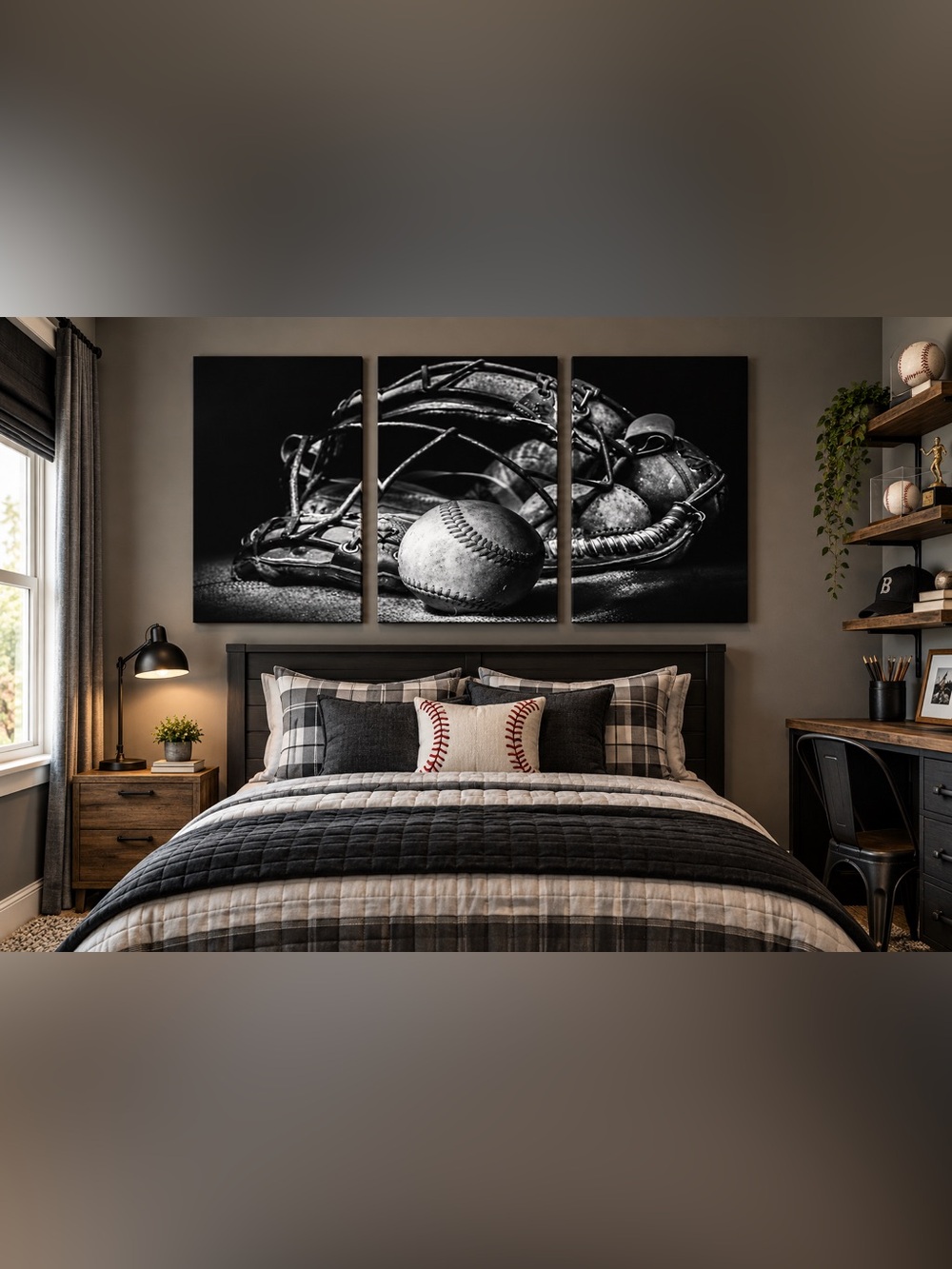 NEW 3-PANEL BASEBALL WALL ART 48x32 Black & White Sports Decor